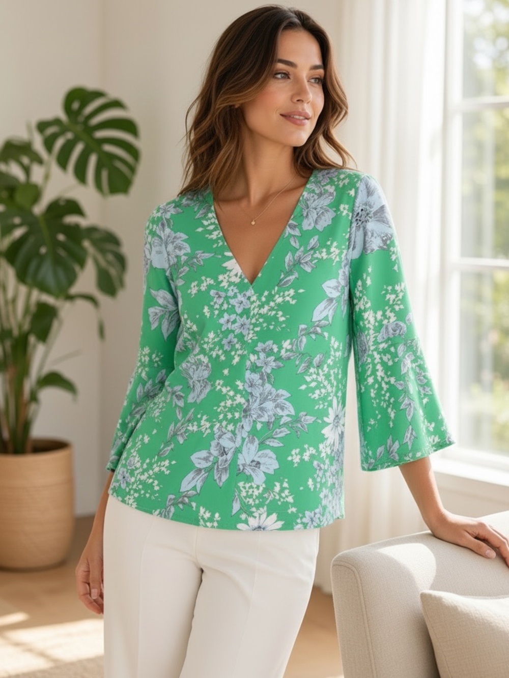 Tuckernuck Green Floral V-Neck Bell-Sleeve Tunic size M